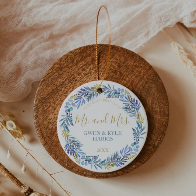 Blue and Gold Wreath Christmas Ceramic Ornament (Creator Uploaded)