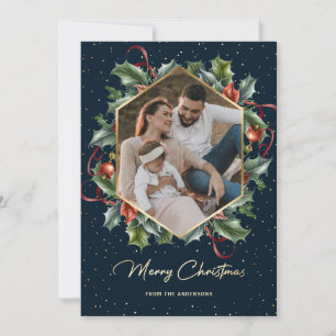 Blue and Gold Wreath Photo Christmas Cards