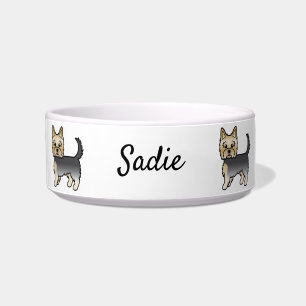 Blue And Gold Yorkshire Terrier Cartoon Dog & Name Bowl