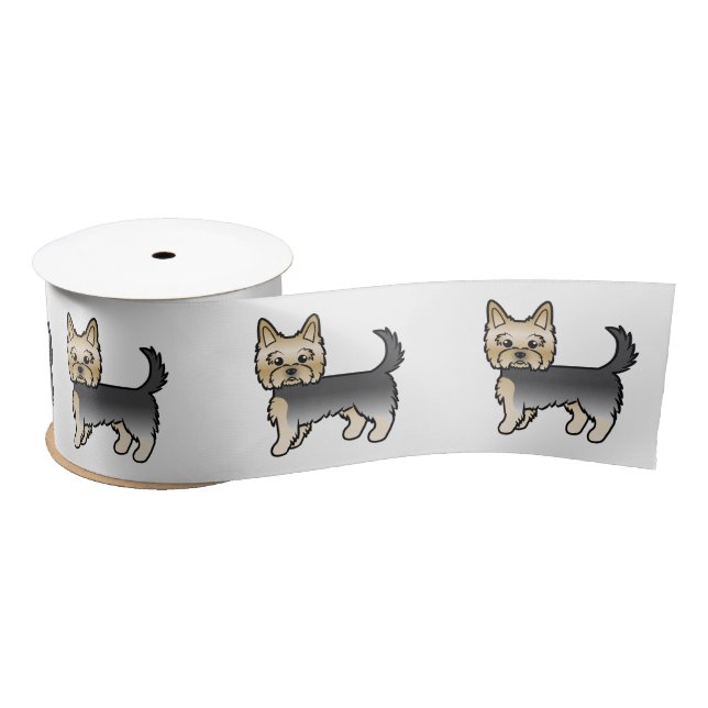 Blue And Gold Yorkshire Terrier Cartoon Dogs Satin Ribbon (Spool)