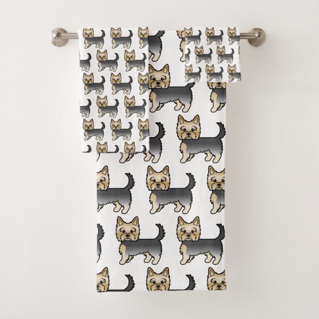 Blue And Gold Yorkshire Terrier Dog Pattern Bath Towel Set (Insitu)