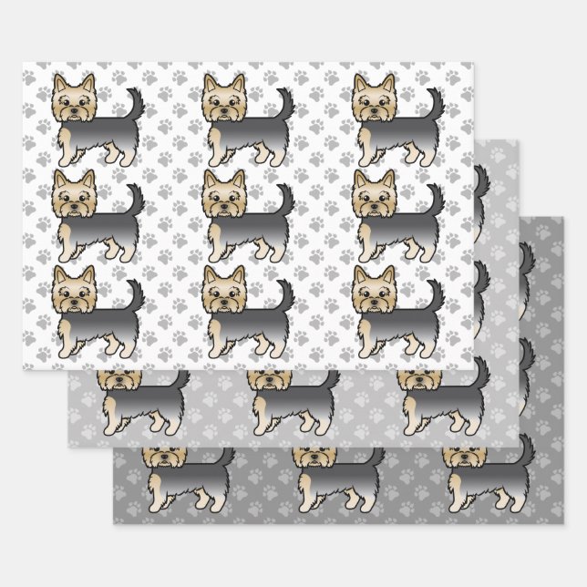 Blue And Gold Yorkshire Terrier Dog Pattern Wrapping Paper Sheet (Set)