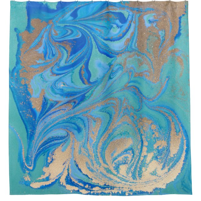 Blue and golden liquid texture shower curtain (Front)