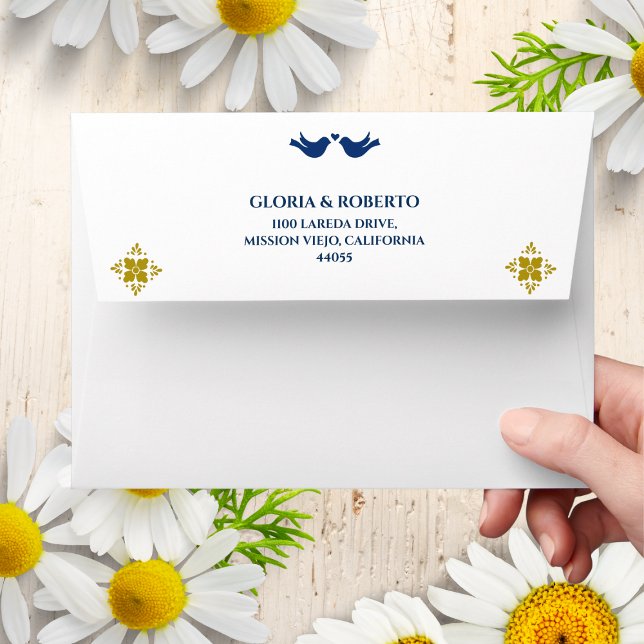 Blue And Golden Love Birds Mexican Wedding Envelope (Creator Uploaded)