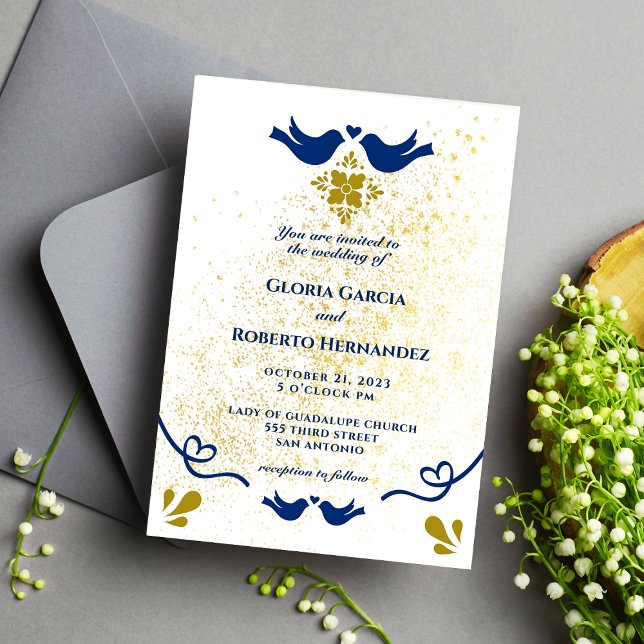 Blue And Golden Love Birds Mexican Wedding Invitation (Creator Uploaded)