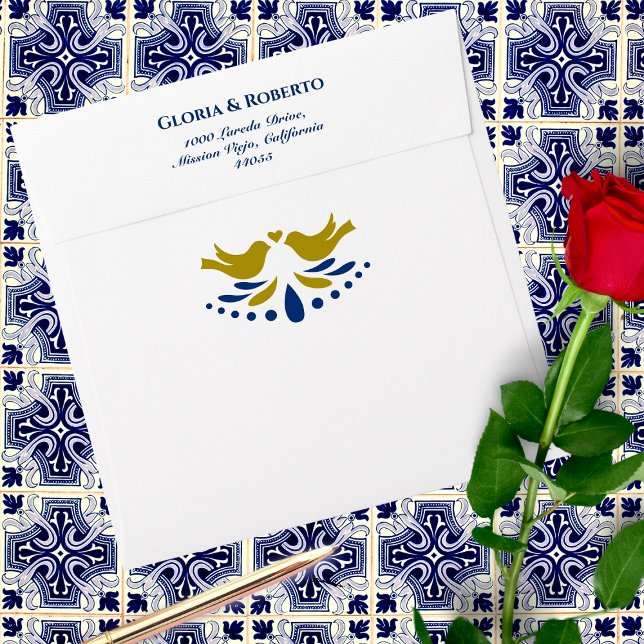 Blue And Golden Love Birds Mexican Wedding Square Envelope (Creator Uploaded)