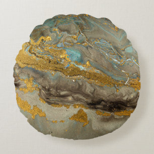 Blue and golden marble pattern round cushion