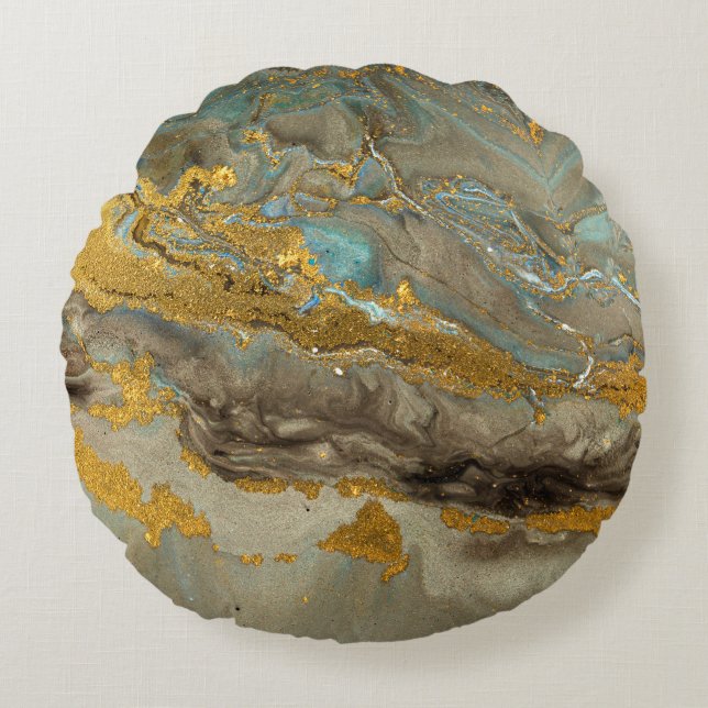 Blue and golden marble pattern round cushion (Front)