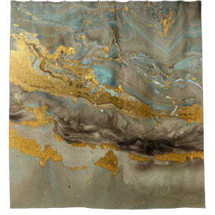 Blue and golden marble pattern shower curtain
