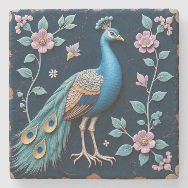 Blue and Golden Peacock Stone Coaster (Front)