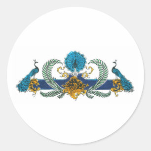 Blue and golden peacocks and wreaths classic round sticker