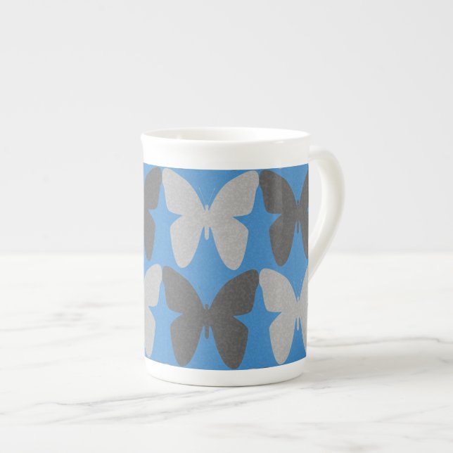Blue and gray butterfly pattern bone china mug (Front Right)