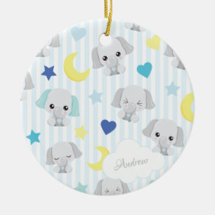 Blue and Gray Elephant Pattern Baby Boy Christmas Ceramic Tree Decoration