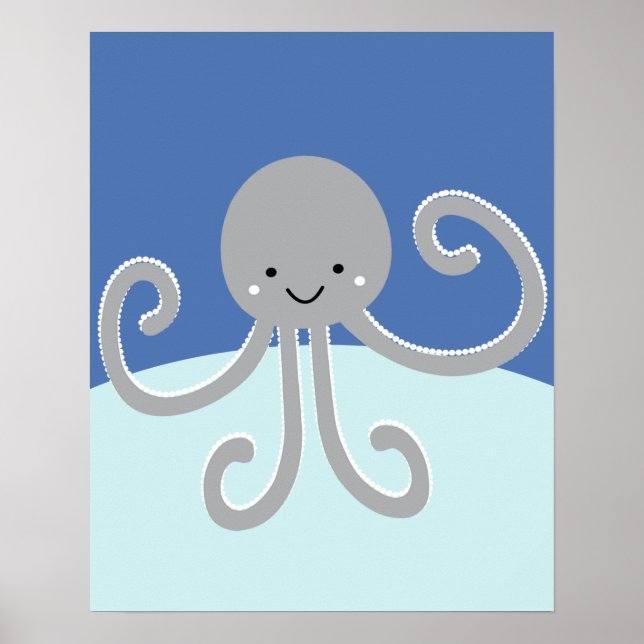 Blue and Gray Ocean Life Octopus Nursery Print (Front)