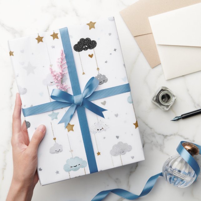 Blue and Gray Smiling Clouds Gold Stars Wrapping Paper (Gifting)