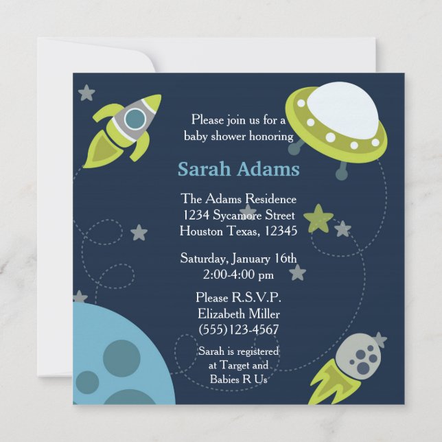 Blue and Green 5x5 Space Baby Shower Invitation (Back)