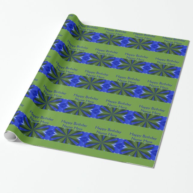 Blue And Green Abstract Pattern Happy Birthday Wrapping Paper (Unrolled)