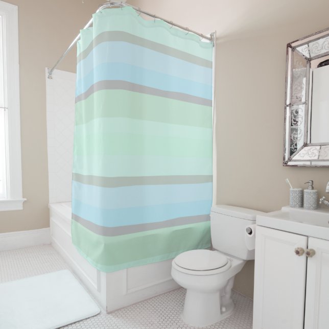 Blue and Green Abstract Stripes Shower Curtain (In Situ)