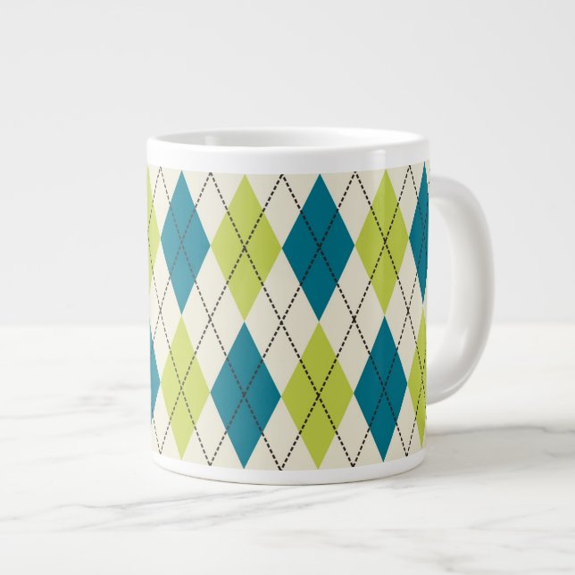 Blue And Green Argyle Large Coffee Mug (Front Right)