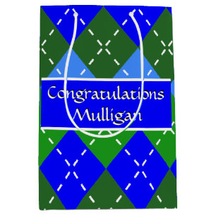 Blue and Green Argyle White Stitching Personalised Medium Gift Bag