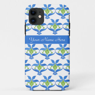 Blue and Green Art Nouveau Pattern on White iPhone 11 Case