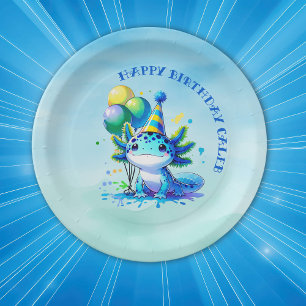 Blue and Green Axolotl Boy's Birthday Party Paper Plate