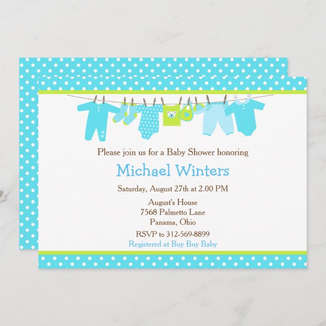 Blue and Green Baby Line Baby Shower Invitation (Front/Back)