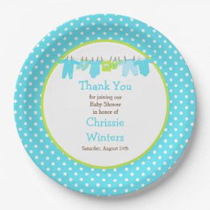 Blue and Green Baby Line Baby Shower Paper Plate