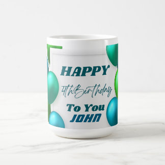 Blue and Green Balloons 4th Birthday Custom Name Coffee Mug