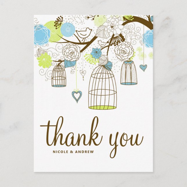 Blue and Green Birdcages Floral Thank You Postcard (Front)