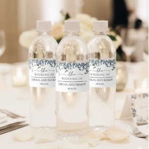 Blue and Green Botanical Greenery Wedding  Water Bottle Label