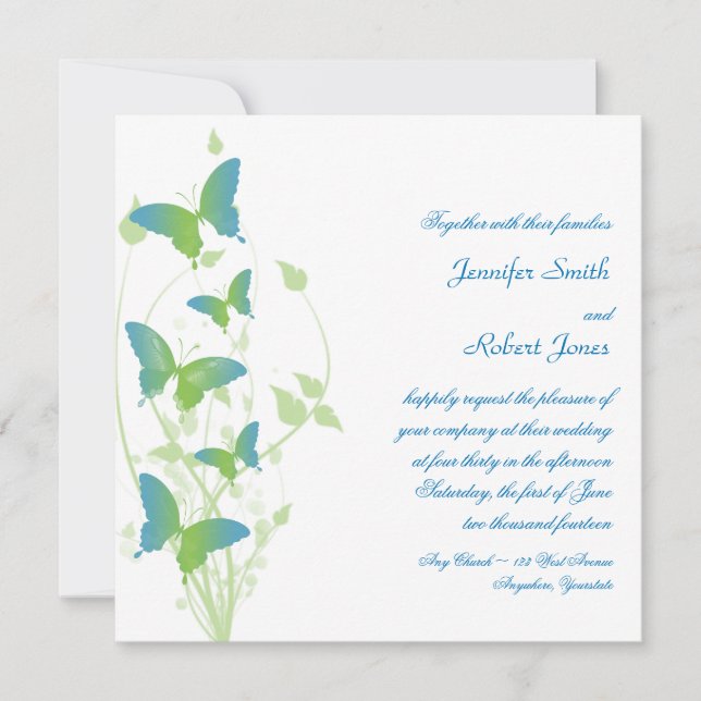 Blue and Green Butterfly Vine Wedding Invitation (Front)