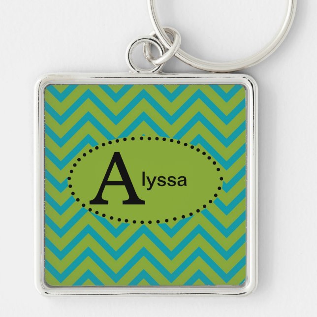 Blue and Green Chevron Personalised Keychain (Front)