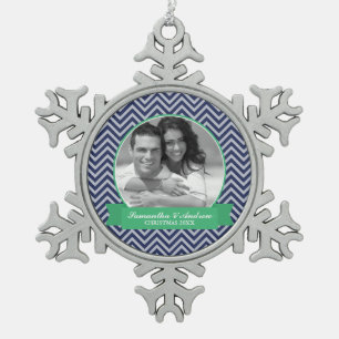 Blue and Green Chevrons Pattern Photo Snowflake Pewter Christmas Ornament