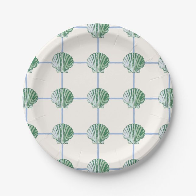 Blue and Green Clam Seashell Chequered Paper Plate (Front)