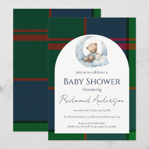 Blue and Green Classic Plaid Boy Baby shower bear Invitation
