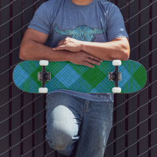 Blue and Green Crosshatch Chequered Design Skateboard
