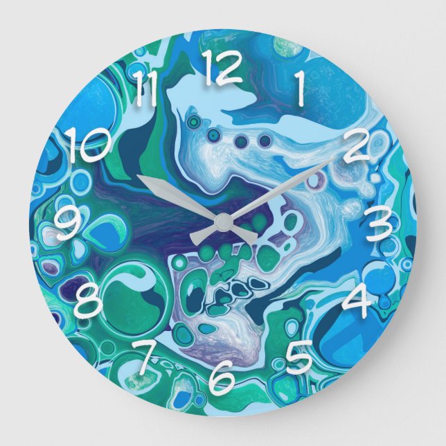 Blue and Green Digital Marble Fluid Art Large Clock (Front)