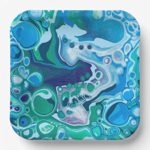 Blue and Green Digital Marble Fluid Art Paper Pla Paper Plate