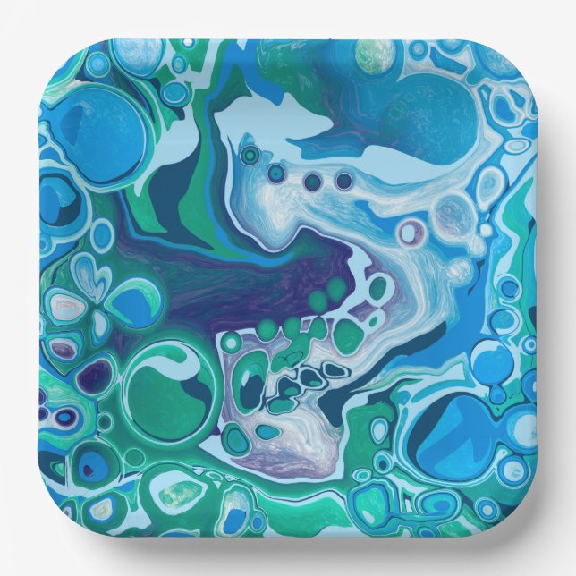 Blue and Green Digital Marble Fluid Art  Paper Pla Paper Plate (Front)