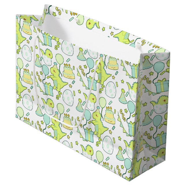 Blue And Green Dinosaur Birthday  Large Gift Bag (Front Angled)
