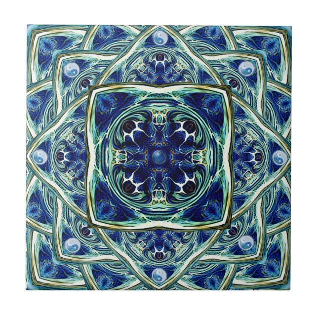 Blue and Green Earth Mandala Ceramic Tile (Front)