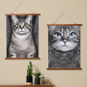 Blue and Green Eyed Cats Black and White Cats Hanging Tapestry
