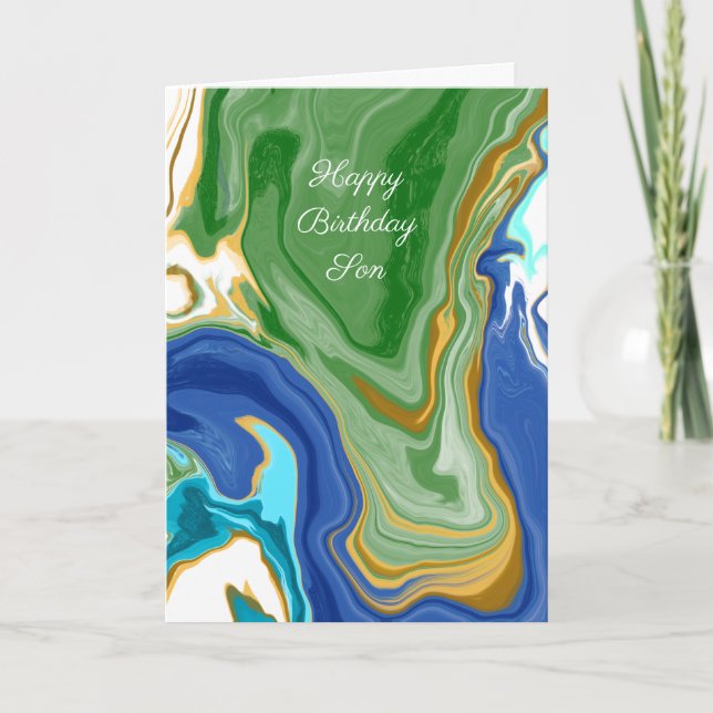 Blue and Green Faux Marble Personalised Birthday  Card (Front)