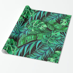 Blue and Green Ferns and Tropical Leaves Wrapping Paper