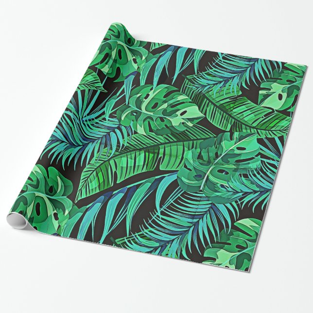 Blue and Green Ferns and Tropical Leaves Wrapping Paper (Unrolled)
