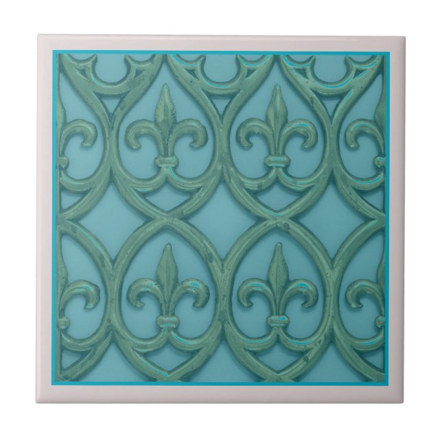 Blue And Green Fleur-de-lis Tile (Front)