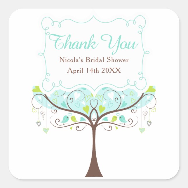 Blue and Green Floral Bird Bridal Shower Thank You Square Sticker (Front)