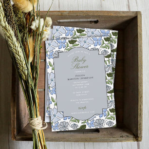 Blue and Green Floral Block Print Boy Baby Shower Invitation
