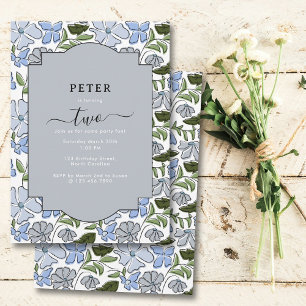 Blue and Green Floral Block Print Boy Birthday Invitation